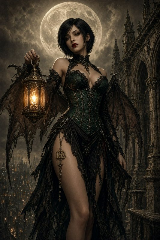 Gothic winged woman holding a lit ornate lantern stands before a full moon over a dark cityscape