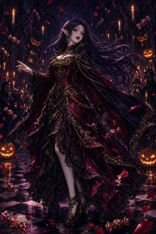 Regal dark elf vampire in an ornate burgundy gown stands in a candlelit Halloween masquerade ball...