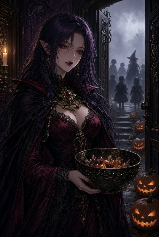 Regal purple-haired vampire elf holds a candy bowl at a mansion door as trick-or-treaters wait ou...