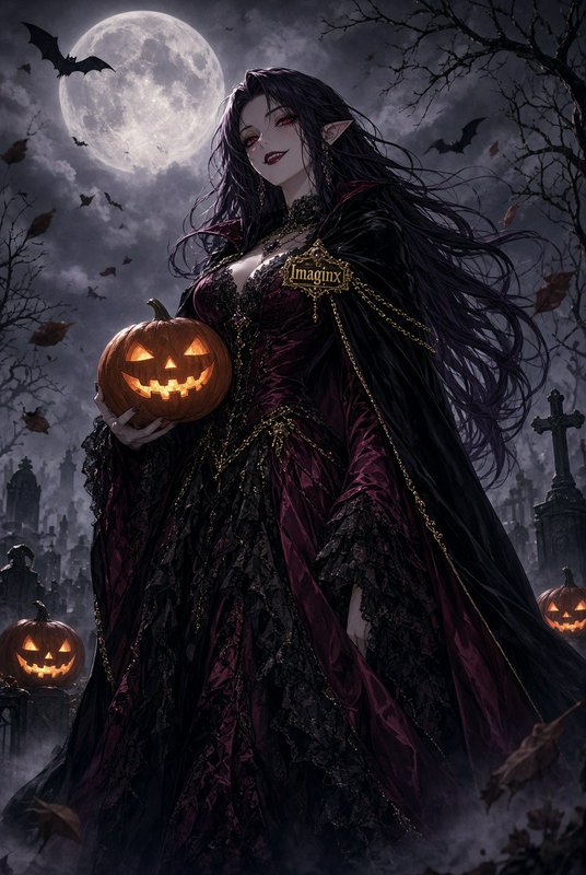 Gothic female vampire elf holding a glowing jack-o-lantern in a foggy full moon graveyard on Halloween night
