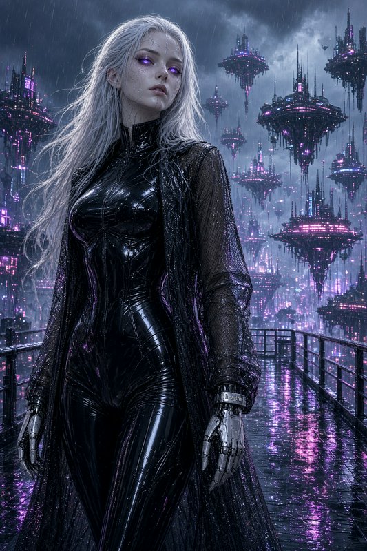 Silver-haired cyberpunk android with glowing purple eyes stands before floating neon spires in the rain