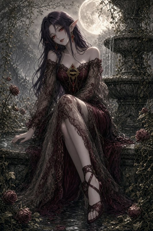 Pale gothic elf woman in a lace gown sits on an overgrown fountain under a glowing full moon