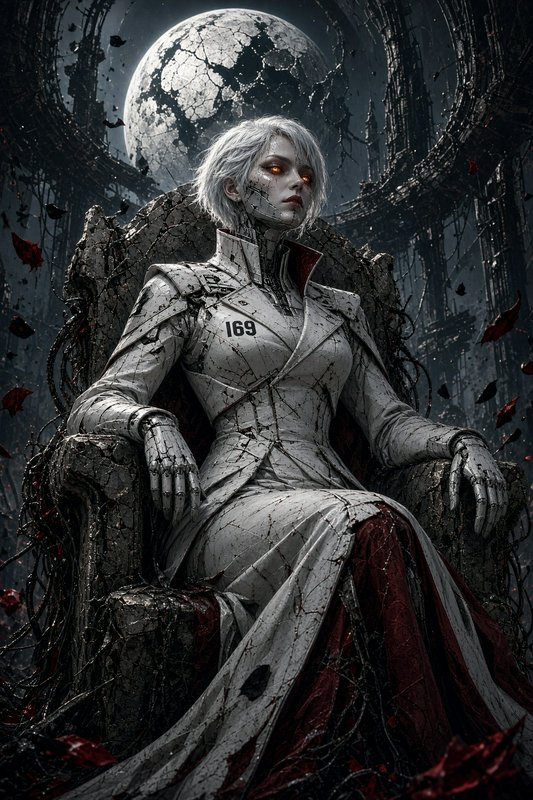 Cyborg queen with glowing orange eyes sits on a cracked stone throne below a crumbling full moon