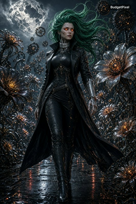 Cyborg woman with windblown green hair and glowing orange eyes walks through a mechanical flower field under a full moon
