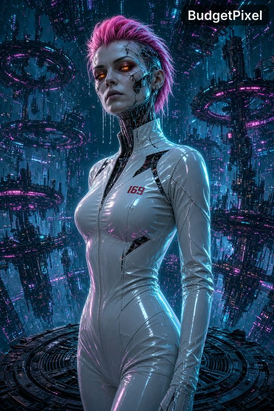Female cyborg with pink mohawk and glowing orange eyes stands before a floating cyberpunk cityscape