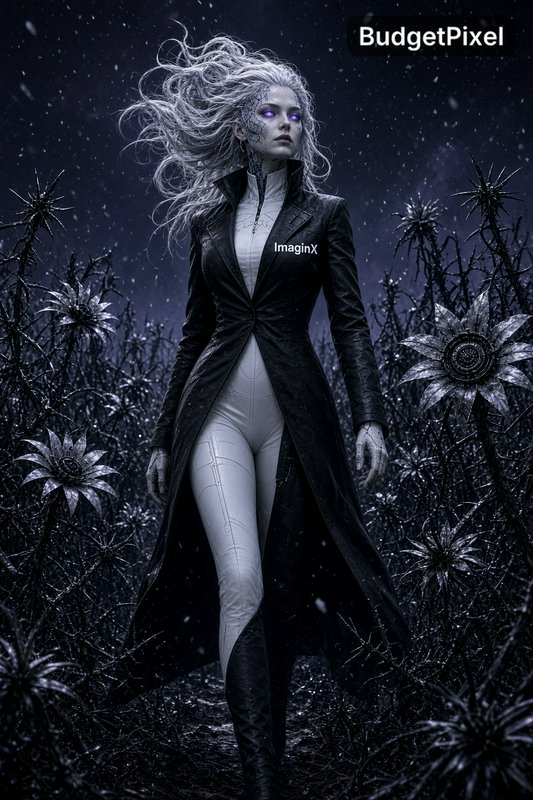 Pale silver-haired fantasy woman with glowing purple eyes walks through a field of dark thorny al...