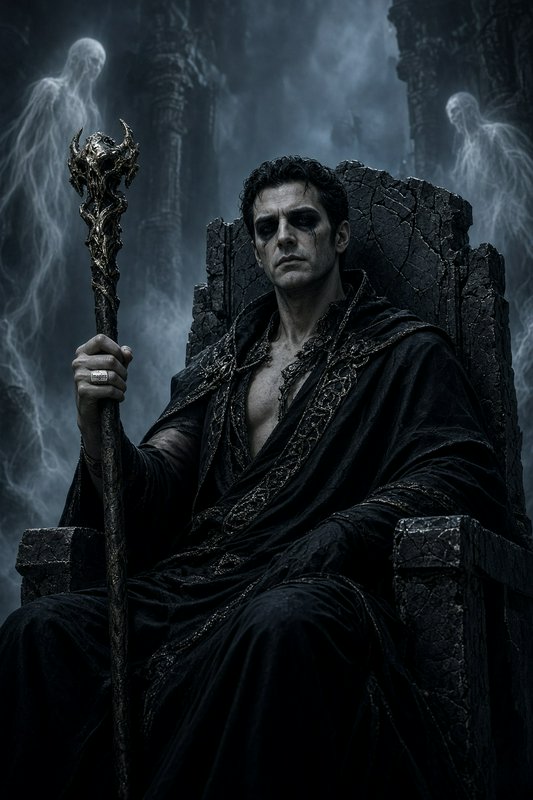 Hades, god of the underworld, sits on a cracked stone throne holding an ornate staff as ghostly s...