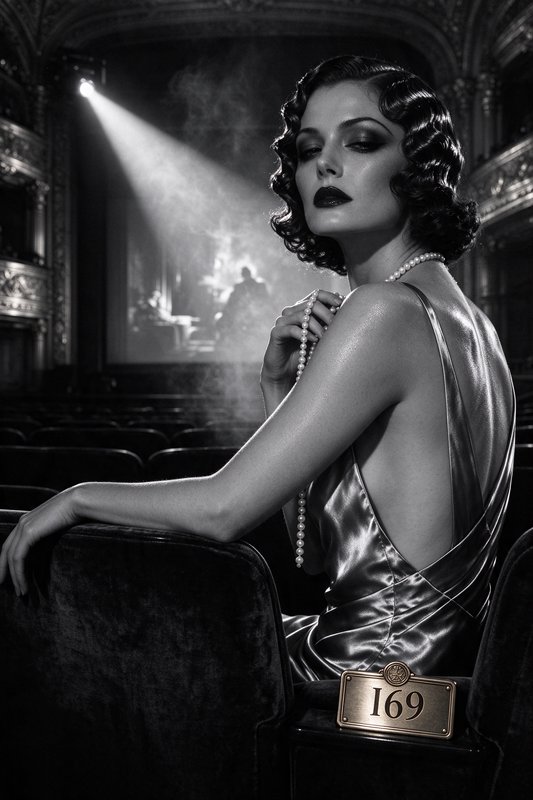 1920s flapper woman in a satin gown sits in an ornate vintage theater under a glowing stage spotl...