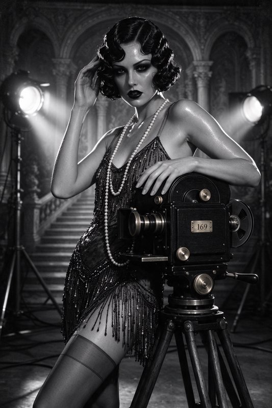 Glamorous 1920s flapper leans on a vintage film camera under dramatic studio lighting