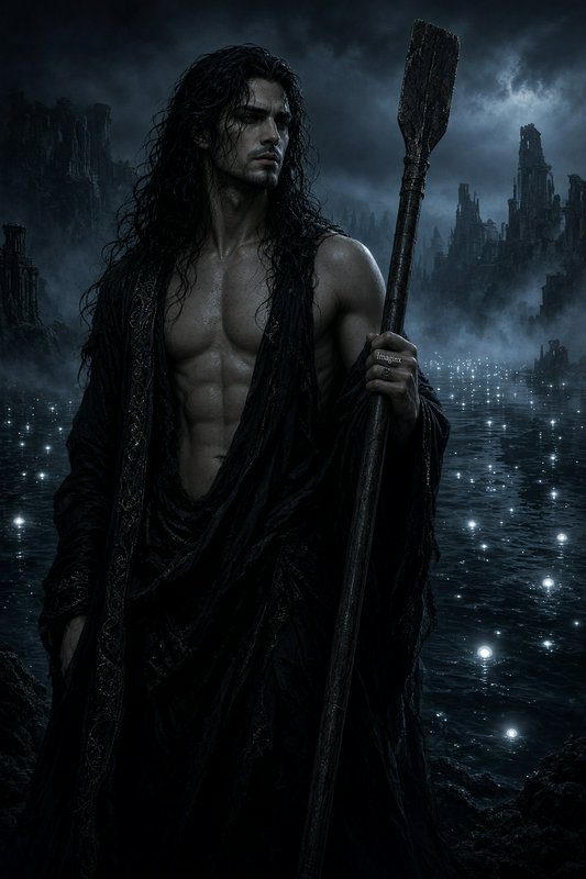 Muscular Charon ferryman holding a wooden oar stands beside misty glowing river Styx at night