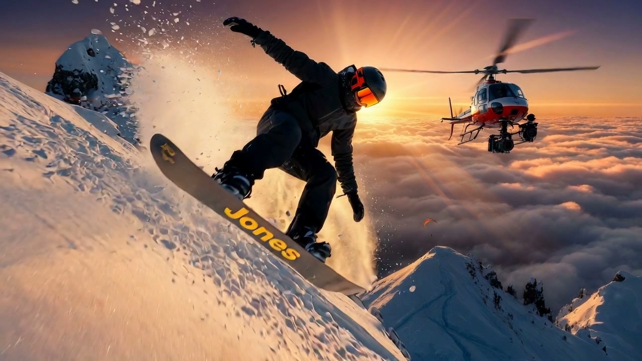 Snowboarder carving down a snowy mountain slope at sunset with a helicopter in the background.