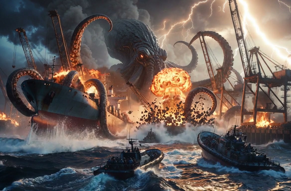 Giant Kraken unleashing tentacles over a fiery industrial harbor as ships battle and cranes loom.