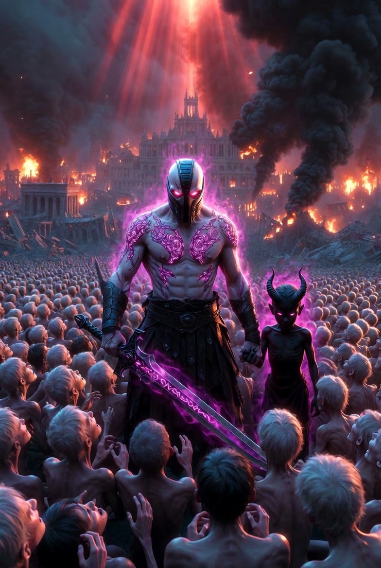 Armored warrior with a purple-glowing sword among a crowd of bare, terrified figures as a city bu...