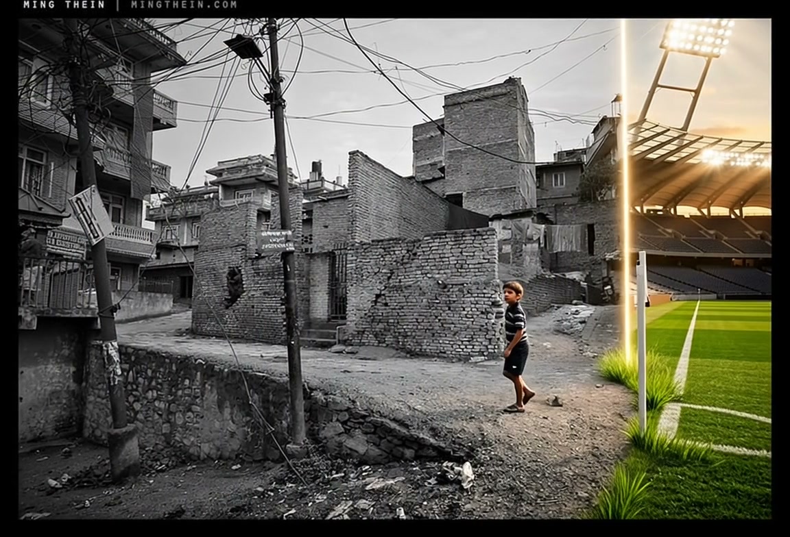 Child stands amid rubble in a gray, run-down urban scene with a bright modern football stadium on...