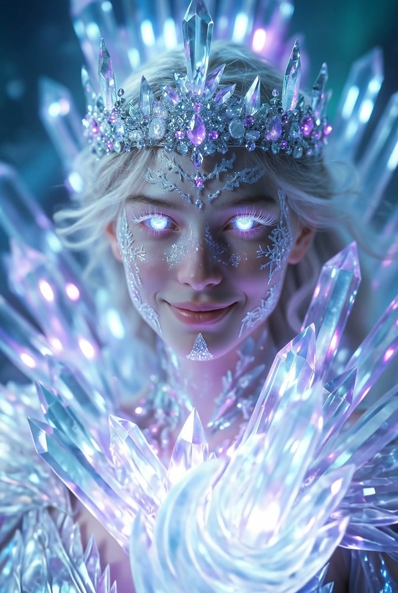 Ice queen wearing a crystal crown with glowing purple eyes among luminous ice crystals