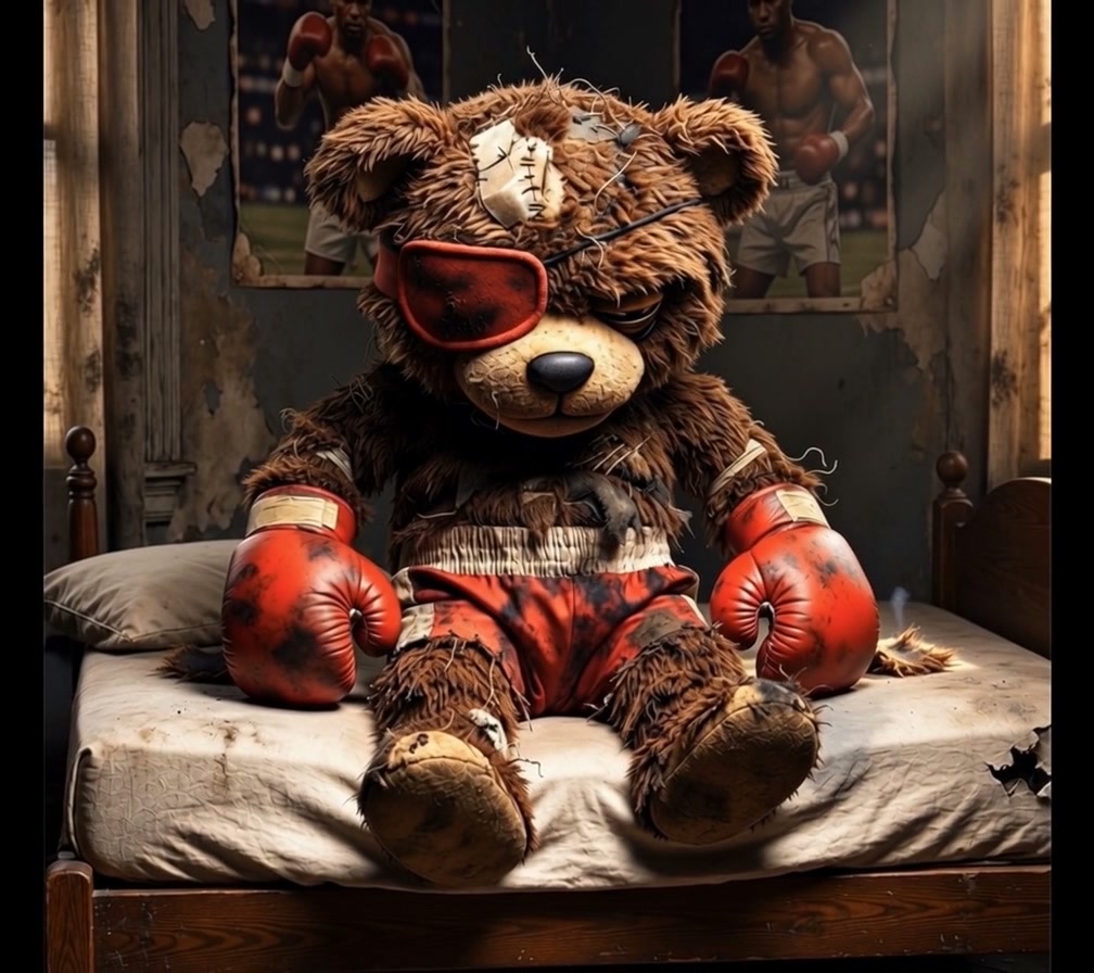 Patched, worn boxer teddy bear with red gloves and an eye patch sits on an old bed, with vintage ...