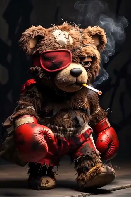 Battle-worn boxer teddy bear with scuffed red fight gloves, eye patch, smoking a lit cigarette ag...