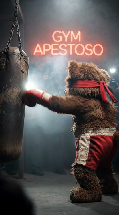 Fuzzy brown teddy bear in red boxing gear punches a heavy bag under a "GYM APESTOSO" neon sign in...