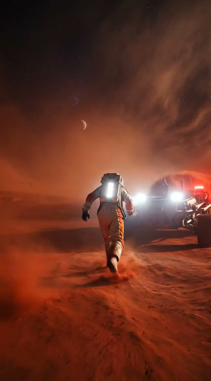An astronaut in a spacesuit runs across red Martian desert at night, chased by a lit planetary ro...