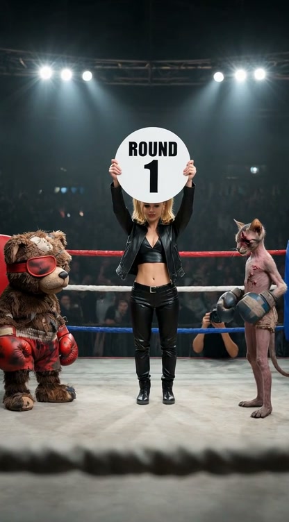 Ring card girl holds a Round 1 sign in a boxing ring between a battered teddy bear boxer and inju...