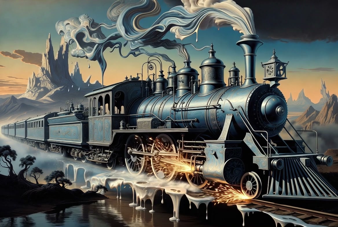 Surreal steampunk steam train with swirling melting smoke and sparks travels across a fantastical...