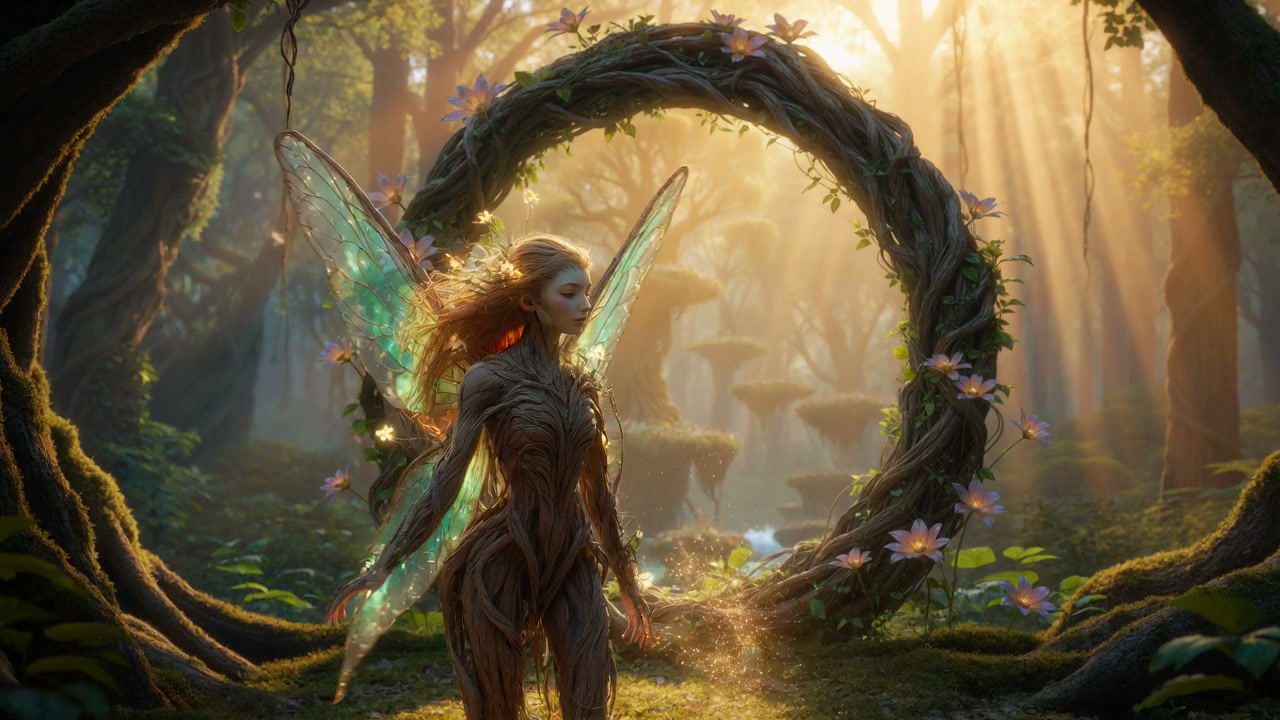 Vine-skinned wood fairy with glowing iridescent wings stands in a sun-dappled enchanted forest be...