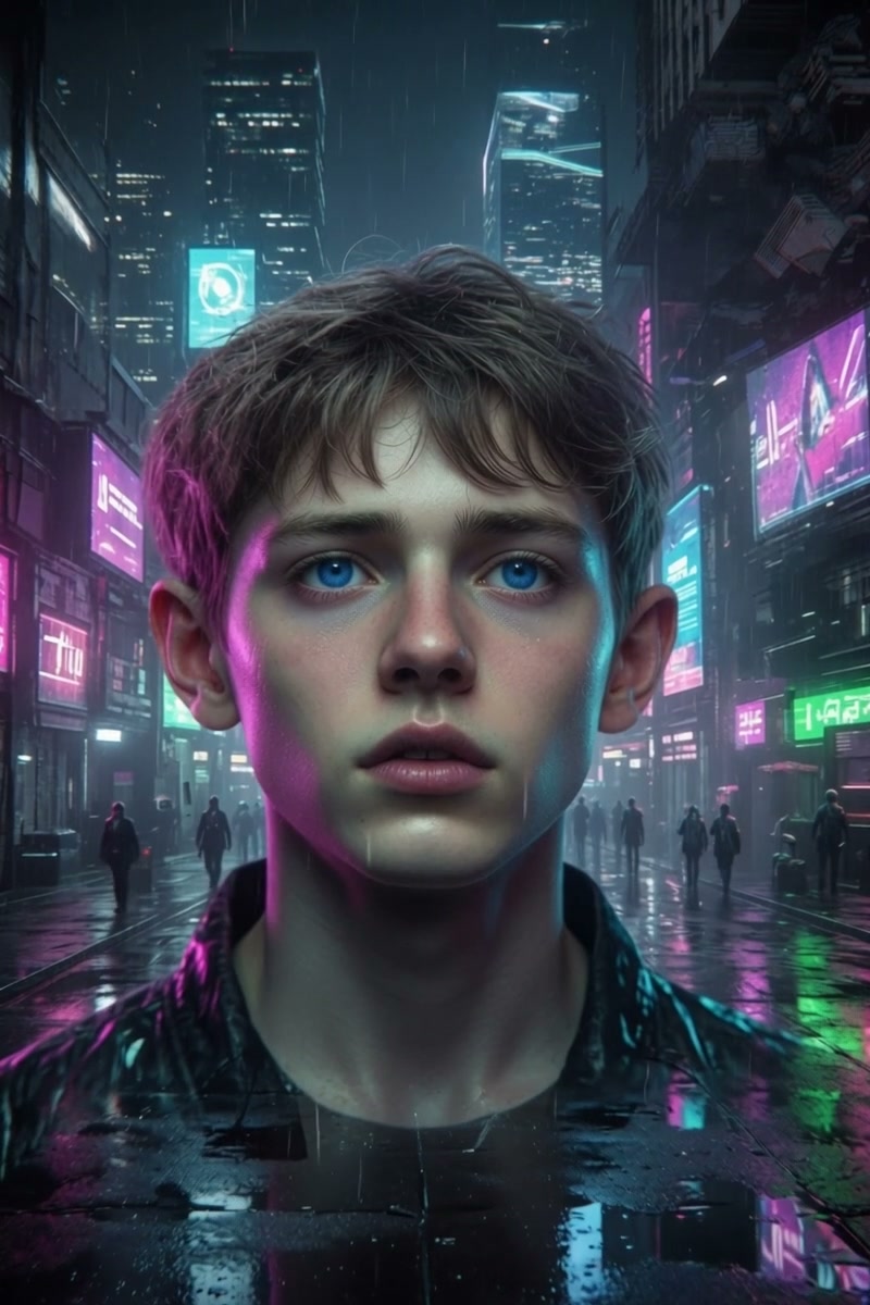 Close-up portrait of a blue-eyed teen standing in a rainy neon-lit cyberpunk city street at night