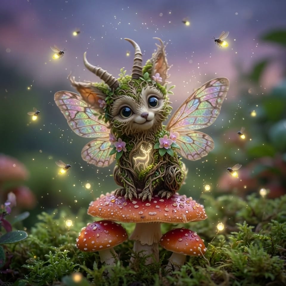 Adorable winged forest fae creature perched on fly agaric mushroom, surrounded by glowing firefli...