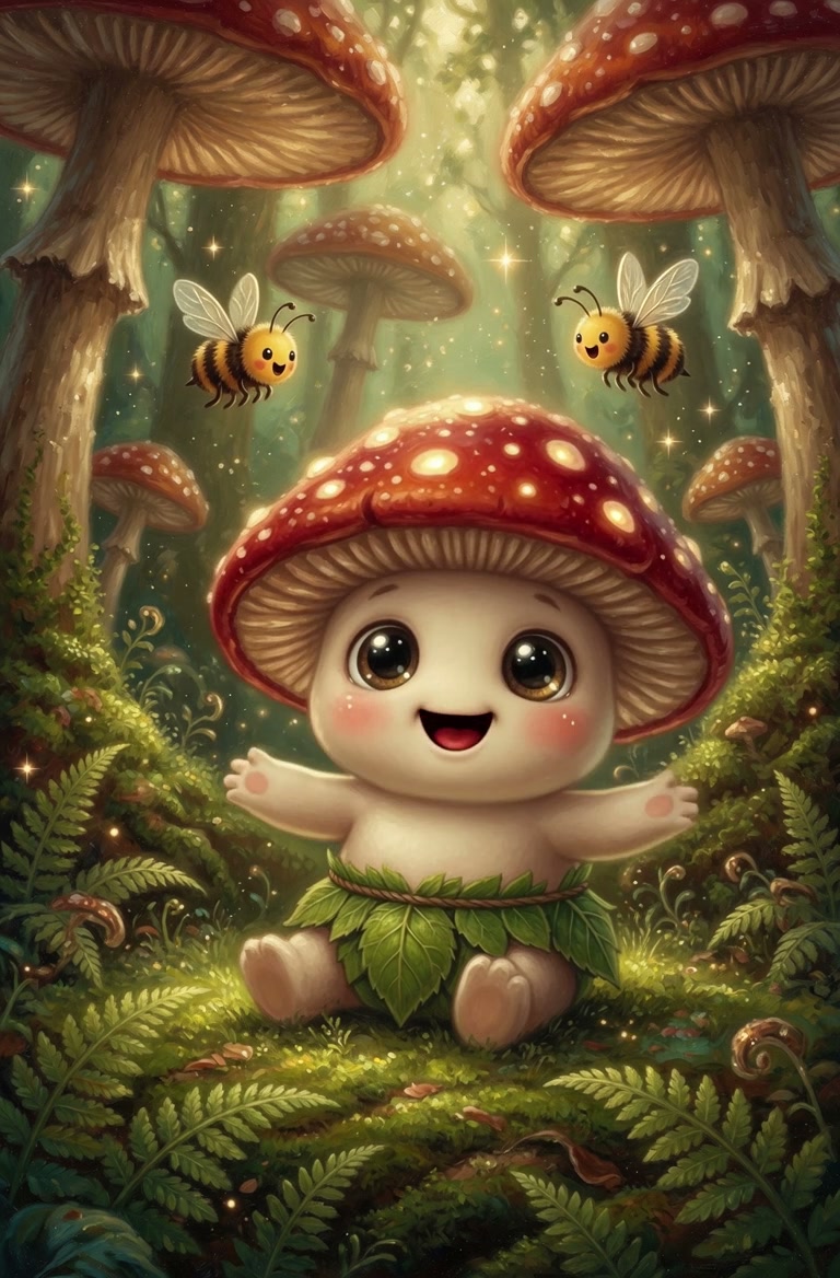 Adorable chibi mushroom character smiles as friendly bumblebees hover in a glowing enchanted forest