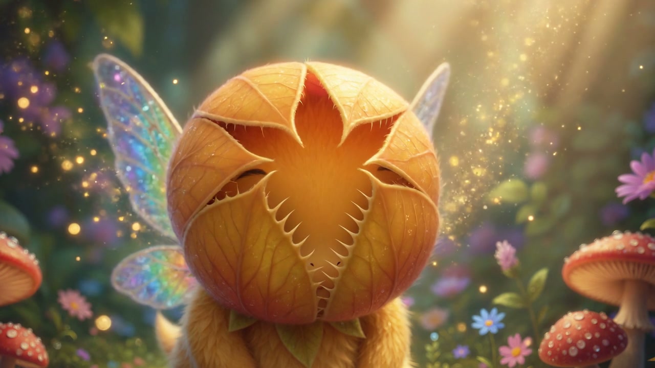 Adorable fuzzy fantasy fairy creature with a venus flytrap head and iridescent wings in a glowing...