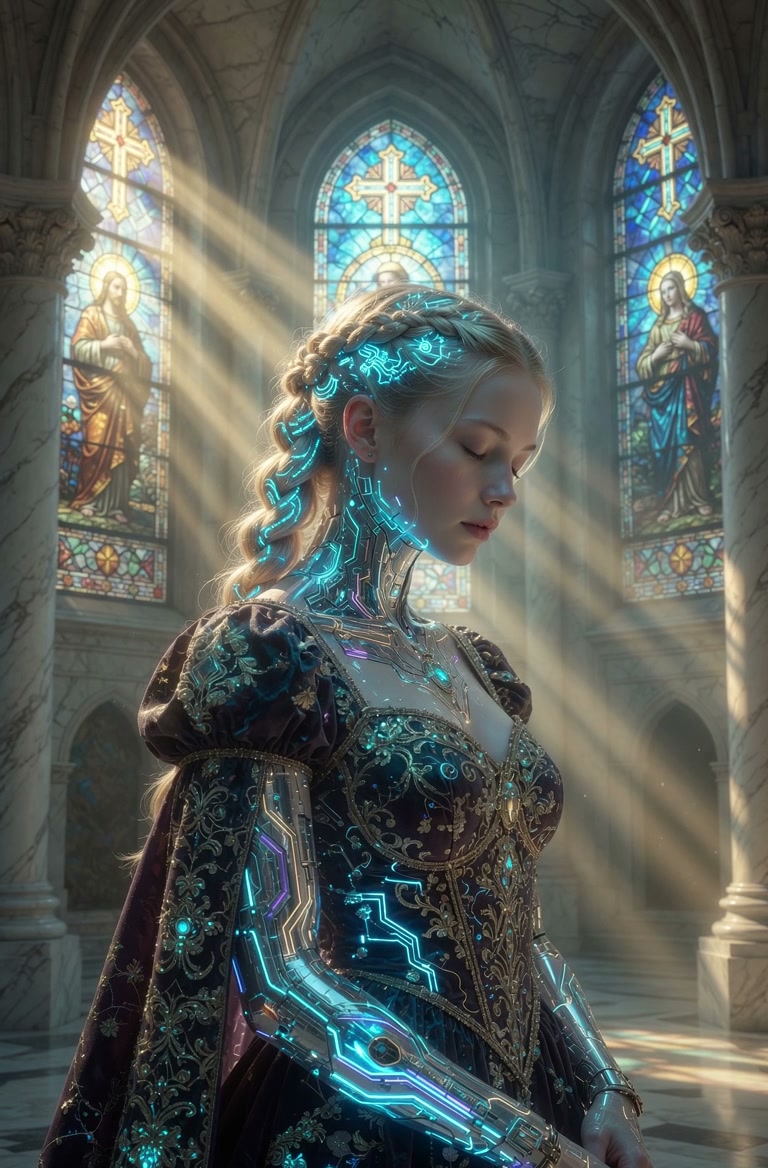 Glowing cybernetic cyborg woman in an ornate renaissance gown stands in a sunlit gothic cathedral...