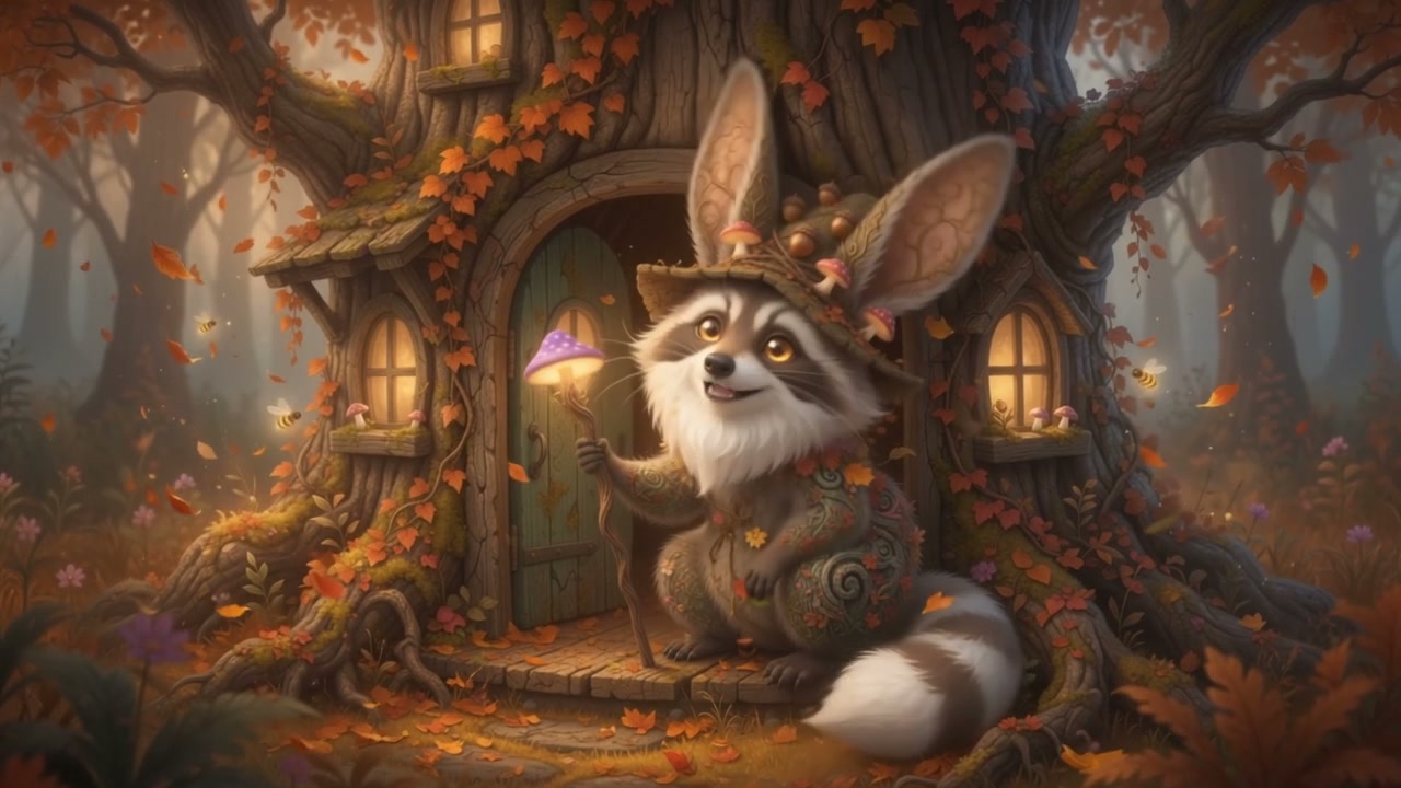Whimsical magical raccoon sits outside a cozy autumn treehouse holding a glowing mushroom staff i...