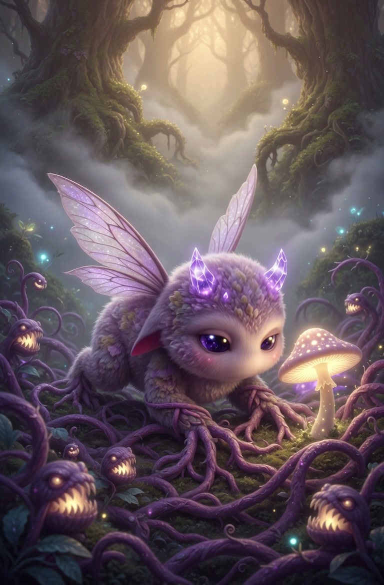 Cute fluffy fae creature with crystal horns and fairy wings beside a glowing mushroom, circled by...