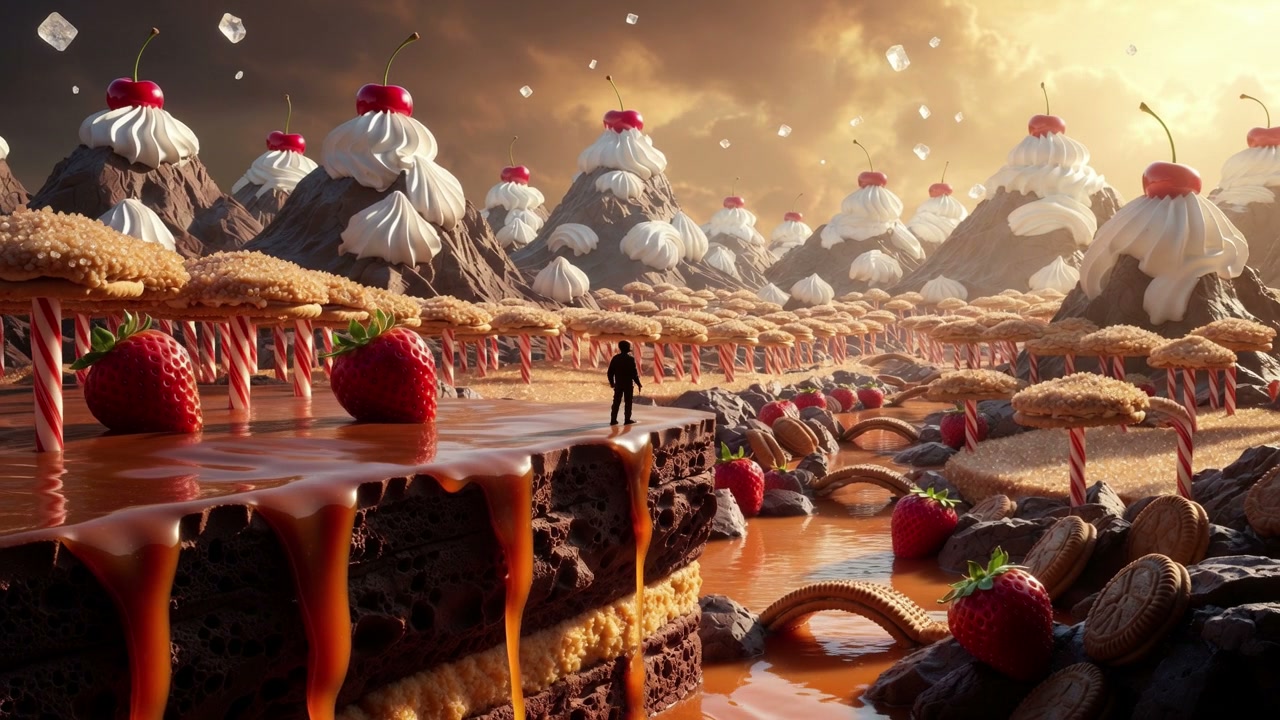 Silhouetted small figure stands on a chocolate cliff in a surreal fantasy dessert world of candy ...