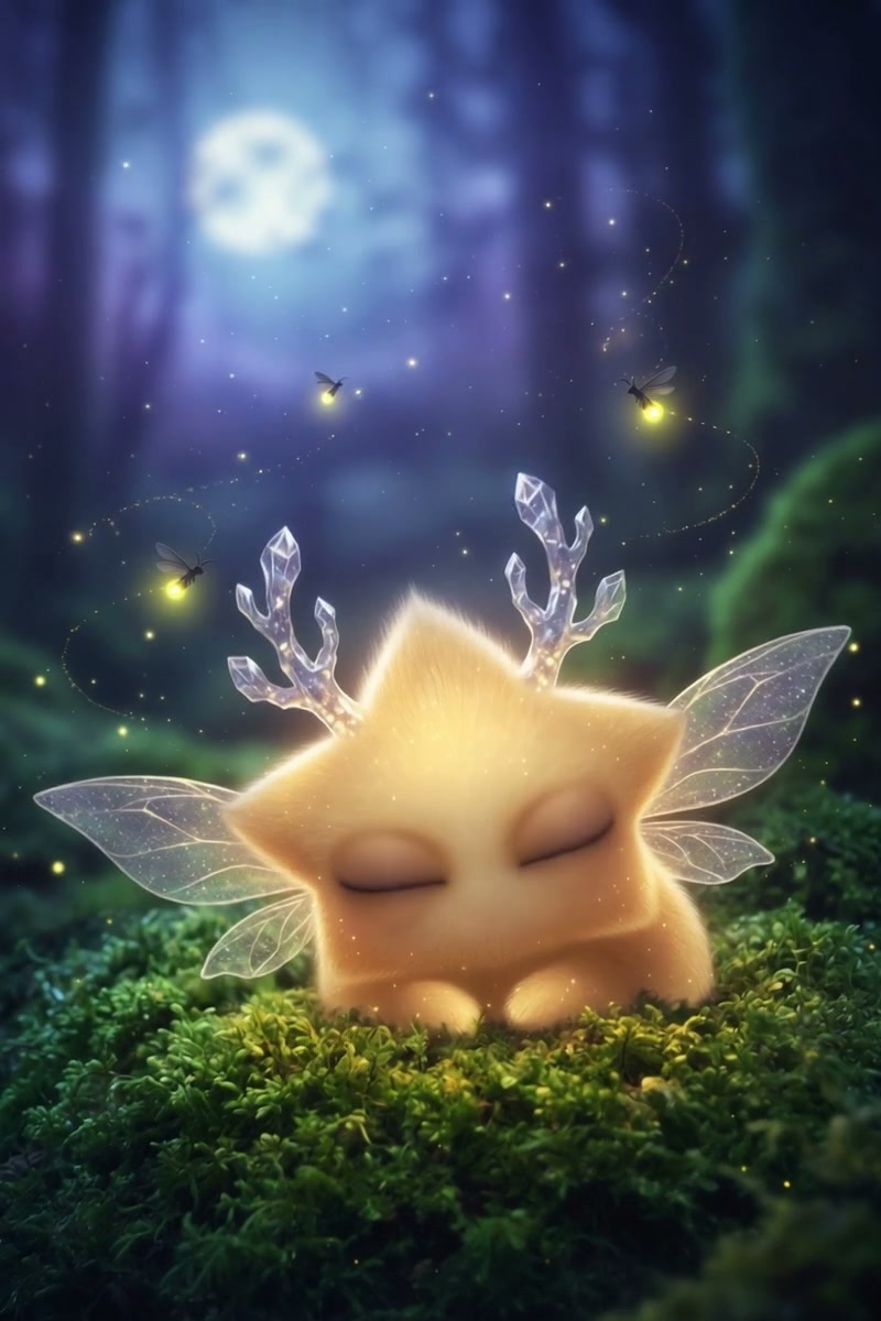 Fluffy golden star-shaped fairy creature with crystal antlers sleeps on moss in a moonlit enchant...