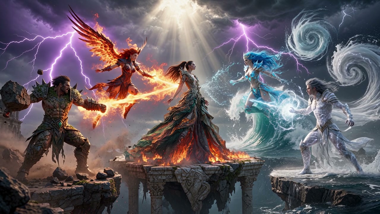 Epic fantasy elemental deities battle across floating ancient ruins beneath a stormy lightning-st...