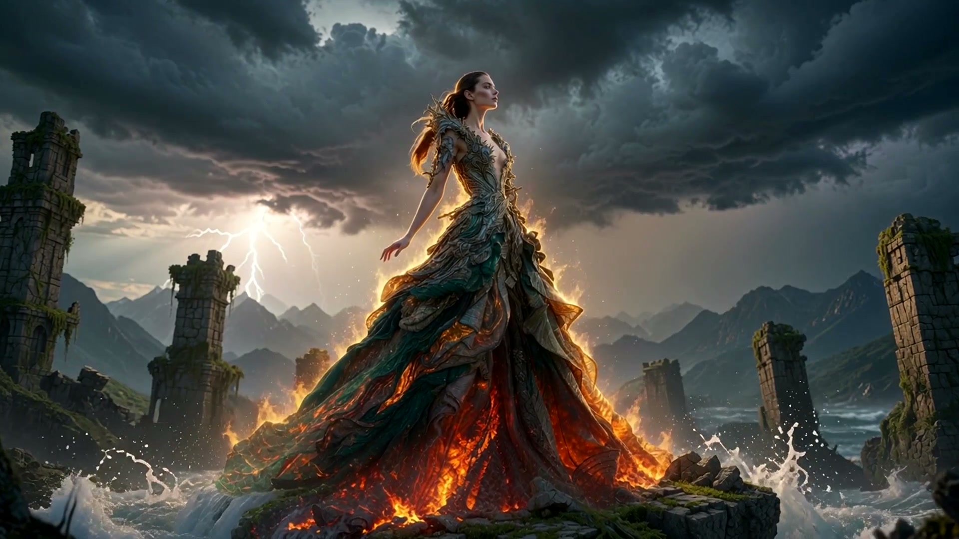 Elemental fantasy goddess in fiery ornate gown stands on storm-battered ancient ruins under light...