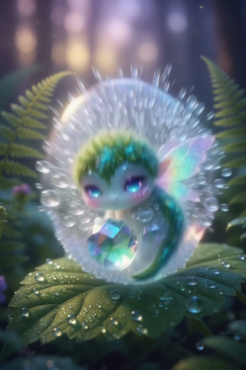 Tiny whimsical forest fairy with iridescent wings sits on a dewy leaf, holding a glowing gem insi...