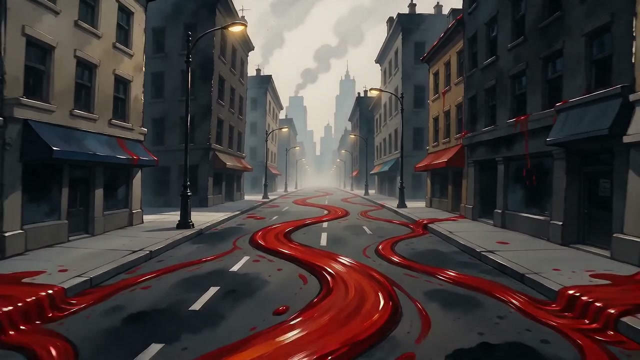 Surreal eerie illustration of a foggy empty city street with winding glossy streams of bright red...