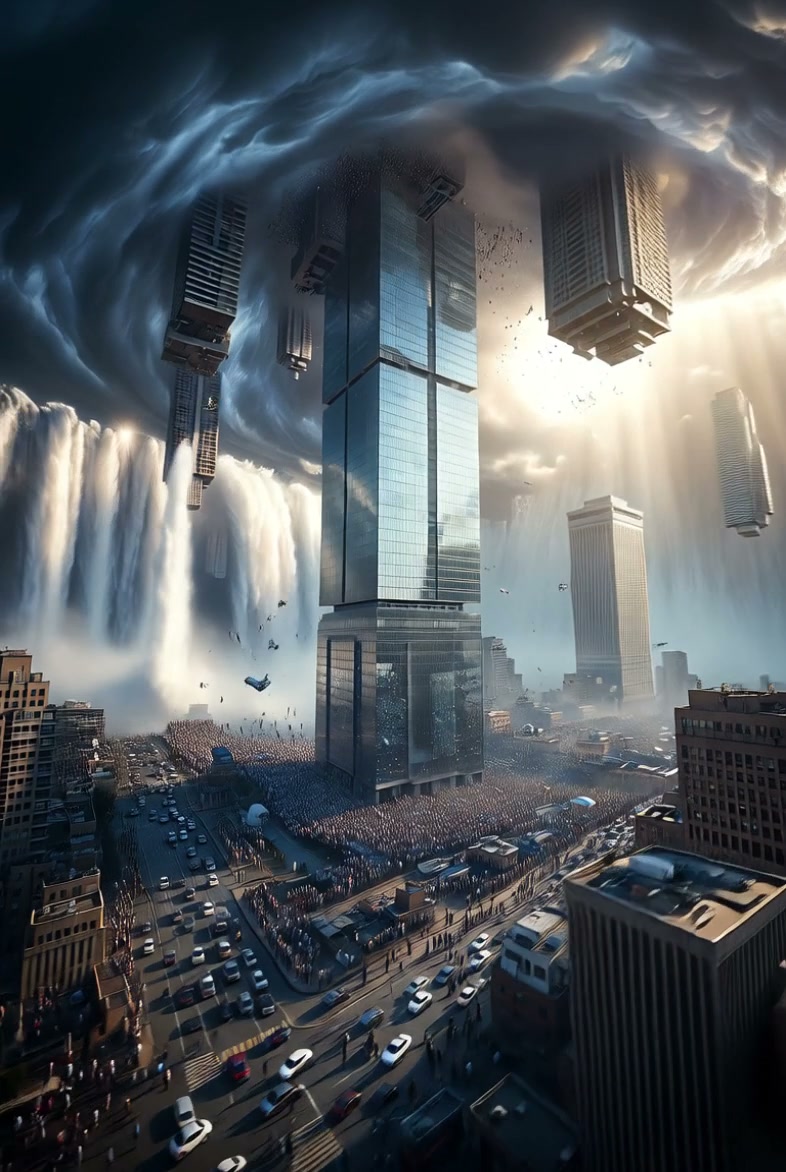 Surreal apocalyptic cityscape with floating skyscrapers, swirling storm clouds, cascading waterfa...
