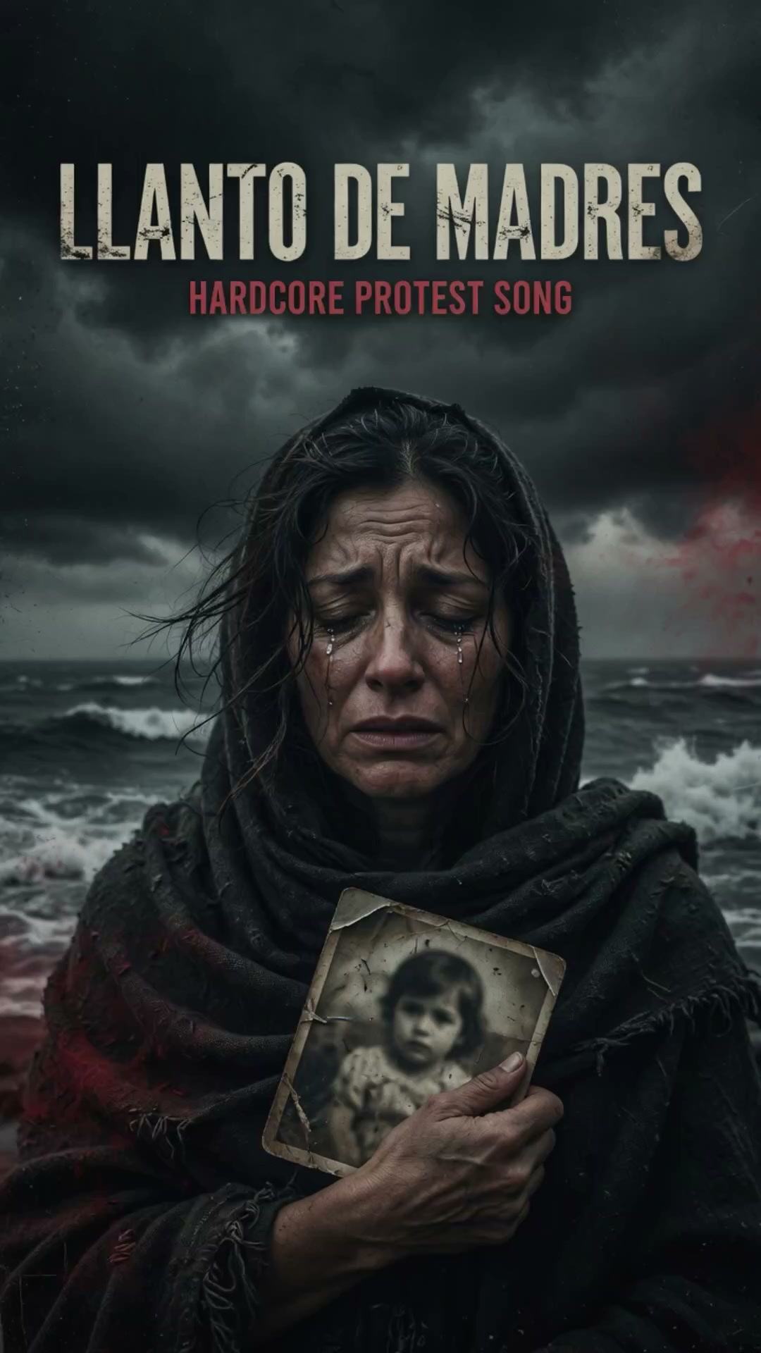 Grieving tearful mother holds tattered child photo against stormy coast, album art for Llanto de ...