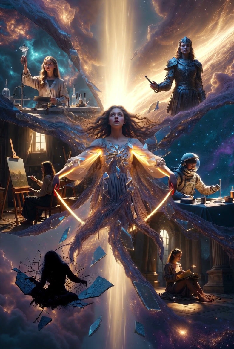 Surreal visionary art of a glowing central ethereal woman surrounded by diverse archetype figures...