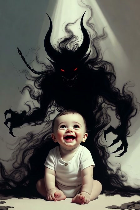 Laughing seated baby in a white onesie with a horned shadow demon looming behind under a beam of ...