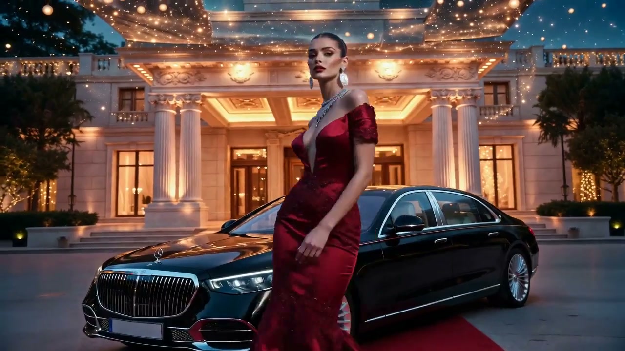 Elegant woman in deep red evening gown stands beside a luxury black sedan on a red carpet outside...
