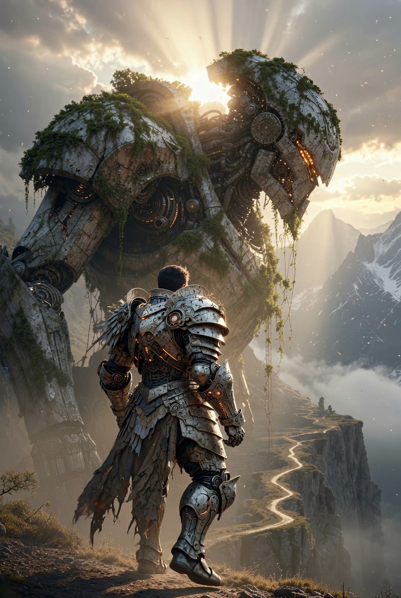 Armored fantasy warrior stands before a moss-covered ancient mechanical colossus on a misty mount...