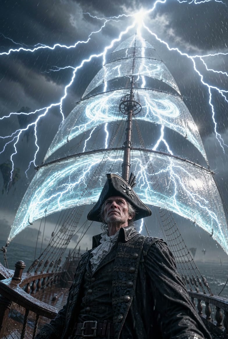 Weathered elderly pirate captain stands on deck, glowing lightning-charged ship sails loom behind...