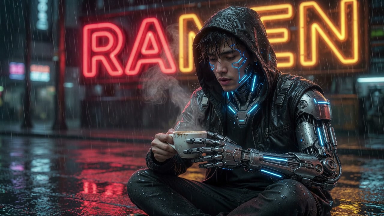Hooded cyborg with glowing blue cybernetics holds a steaming drink on a rainy neon cyberpunk stre...