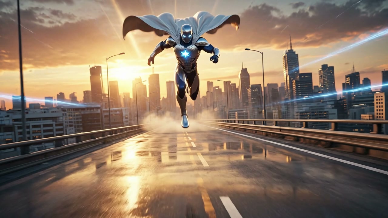 Armored futuristic superhero speeds toward the viewer over a wet city overpass, downtown skyline ...