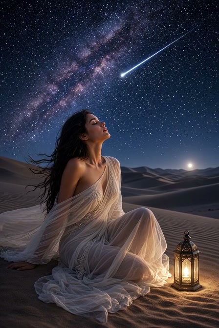 Woman in a sheer white gown sits on desert sand dunes gazing up at a shooting star under a starry...