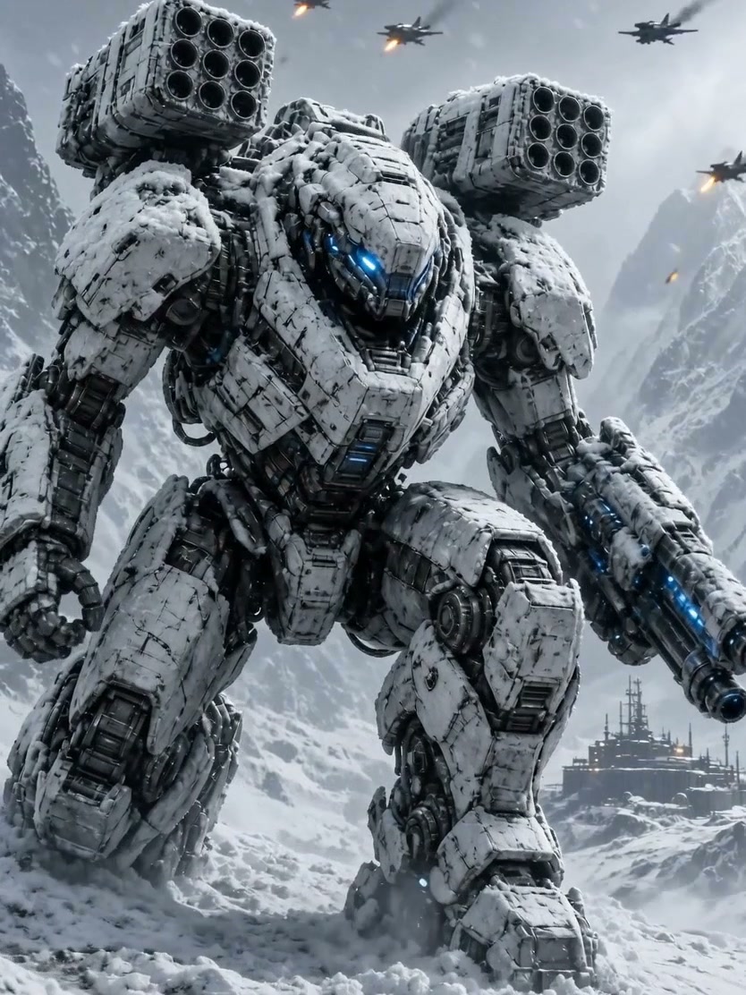Massive snow-caked combat mech with glowing blue optics stands in a snowy mountain landscape, fig...